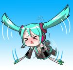  &gt;_&lt; 1girl aqua_hair chibi closed_eyes flapping flying hatsune_miku long_hair skirt solo spring_onion sweat thigh-highs twintails vocaloid 