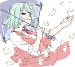  1girl :o dress expressionless female green_hair kazami_yuuka looking_at_viewer necktie oekaki parted_lips petals puffy_short_sleeves puffy_sleeves red_dress red_eyes red_necktie sakuraba_yuuki short_hair short_sleeves simple_background solo touhou upper_body white_background youkai 
