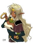  1girl 90s :3 aisha_clanclan alternate_hairstyle aqua_eyes bell bell_collar blonde_hair bracelet breasts circlet cleavage collar dark_skin facepaint facial_mark hair_down hand_on_hip hips itou_yuuji jewelry jingle_bell large_breasts long_hair older outlaw_star pointy_ears solo wavy_hair 