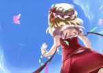  1girl blonde_hair blue_sky butterfly clouds crystal day dress enpou female flandre_scarlet frills from_below hat looking_afar looking_up mob_cap puffy_short_sleeves puffy_sleeves red_dress short_hair short_sleeves sky solo touhou wings 