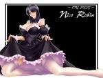  1girl black_background black_dress black_hair blush bow breasts character_name copyright_name dress huge_breasts kagami_hirotaka maid nico_robin one_eye_closed one_piece smile solo thigh-highs wallpaper wink 