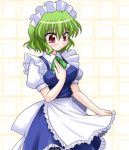  1girl alternate_costume apron blush bococho cosplay enmaided female green_hair izayoi_sakuya izayoi_sakuya_(cosplay) kazami_yuuka maid maid_apron maid_headdress solo touhou 