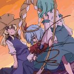  3girls blonde_hair detached_sleeves dress female hair_ornament hat kochiya_sanae leaf_hair_ornament lowres moriya_suwako multiple_girls oekaki rope sakuraba_yuuki shimenawa sky touhou yasaka_kanako 