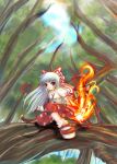  1girl blush bow female fire forest fujiwara_no_mokou juuni_chacha large_bow long_hair long_sleeves looking_at_viewer nature pants red_eyes red_pants red_shoes shirt shoes silver_hair solo touhou tree white_legwear white_shirt x20285 