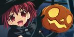  1girl :d black_gloves gloves halloween hat jack-o&#039;-lantern open_mouth original pumpkin red_eyes redhead shikei short_hair sike smile solo thigh-highs witch_hat 
