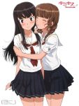  2girls black_eyes black_hair black_skirt braid brown_hair closed_eyes collarbone copyright_name embarrassed futami_eriko kimi_kiss long_hair mizusawa_mao multiple_girls pleated_skirt school_uniform serafuku shirt skirt twin_braids white_shirt yuri 