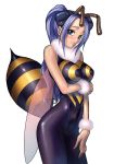  1girl :3 alternate_costume antennae bare_shoulders bee_girl blue_eyes blue_hair blush breast_hold breasts capcom cosplay crossover insect_girl kagami_hirotaka long_hair looking_at_viewer monster_girl nefertari_vivi one_piece pantyhose q-bee q-bee_(cosplay) shiny simple_background solo standing vampire_(game) white_background wings 
