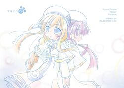  2girls alicia_florence aria beret blonde_hair blue_eyes capelet dress green_eyes hat long_hair long_sleeves mizunashi_akari multiple_girls naono_naoru pink_hair sidelocks simple_background very_long_hair white_background white_dress 