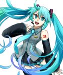  1girl aqua_eyes aqua_hair detached_sleeves hatsune_miku karakuri_chouchou koaki long_hair necktie skirt solo tattoo thigh-highs twintails very_long_hair vocaloid 