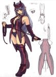  1girl blue_hair blush demon_girl elf horns mask navel pointy_ears ragnarok_online red_eyes sketch standing thigh-highs whip xration zealotus zherlthsh 