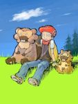  1boy bibarel bidoof clouds diamond_(pokemon) grass hat kouki_(pokemon) male_focus nintendo pokemon scarf shoes sitting sky solo staring surprised tree 