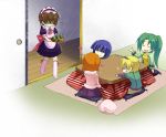  1boy 4girls angry blonde_hair brown_hair chibi crossdressinging furude_rika hairband heart higurashi_no_naku_koro_ni houjou_satoko kotatsu long_hair maebara_keiichi multiple_girls orange_hair ryuuguu_rena short_hair sitting skirt smile sonozaki_mion table 