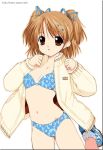  00s 1girl :o bikini blue_bikini blue_ribbon blush breasts brown_eyes brown_hair clenched_hands flag_print floral_print hair_ornament hair_ribbon hairclip jacket jpeg_artifacts kusaka_souji leg_up long_sleeves looking_at_viewer navel open_clothes open_jacket outline print_bikini ribbon shoes short_hair simple_background sister_princess sleeves_past_wrists small_breasts sneakers socks solo sweater swimsuit twintails two_side_up union_jack unzipped watermark web_address white_background white_legwear yotsuba_(sister_princess) 