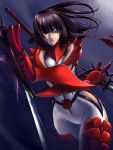  1girl armor blood bodysuit dual_wielding fishnets hibana kagami_hirotaka kunoichi_(game) long_hair ninja purple_hair red_eyes solo sword weapon 
