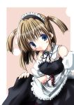  1girl black_ribbon blonde_hair blue_eyes border breasts cutlass cutlass_(classic_chocolate) detached_sleeves frills large_breasts long_sleeves looking_at_viewer maid maid_headdress original pink_background ribbon short_hair simple_background solo underbust 