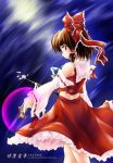  1girl bare_shoulders bow brown_eyes brown_hair collar detached_sleeves dress female frilled_dress frills from_behind hair_bow hakurei_reimu long_sleeves looking_back nobuyuki profile red_bow red_dress solo touhou 