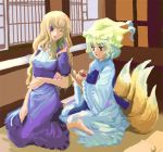  2girls :d barefoot blonde_hair dress female full_body hairdressing hat indoors kneeling long_sleeves multiple_girls multiple_tails nanami_sano one_eye_closed open_mouth pillow_hat puffy_short_sleeves puffy_sleeves purple_dress short_hair short_sleeves silver_hair sitting sliding_doors smile tail touhou wink yakumo_ran yakumo_yukari 