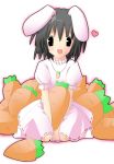  1girl :d animal_ears carrot carrot_necklace dress female heart inaba_tewi itose_ikuto looking_at_viewer open_mouth pink_dress rabbit_ears seiza simple_background sitting smile solo touhou vegetable white_background 