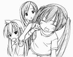  3girls ahoge long_hair lowres minami-ke minami_chiaki minami_haruka minami_kana monochrome multiple_girls siblings sisters twintails 