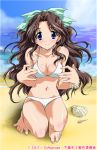  1girl barefoot beach bikini blue_eyes blush breasts brown_hair choker cleavage feet kadoi_aya kakyuusei_2 kurashima_tomoyasu long_hair seashell shell shells shirai_yuuri solo squatting swimsuit white_bikini white_swimsuit 