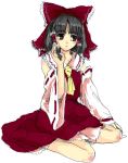  1girl ascot bangs blunt_bangs bow brown_eyes brown_hair detached_sleeves dress female full_body hair_bow hakurei_reimu imperishable_night long_sleeves nanami_sano red_bow red_dress simple_background sitting sketch solo touhou wariza white_background wide_sleeves 