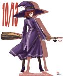  1girl alfa_system bat belt black_legwear broom broom_riding dress female from_behind full_body fumiko_odette_vanstein glasses hat high_heels keychain looking_back pantyhose pince-nez red_eyes redhead shikigami_no_shiro shoes short_hair silhouette solo thigh-highs tnonizyou witch witch_hat 