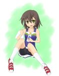  bike_shorts blue_pony bluepony bottle brown_eyes brown_hair cheerleader fang highres kusakabe_misao lucky_star short_hair spandex towel yellow_eyes 