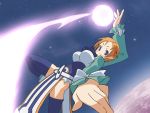  1girl arm_up ascot bangs belt blue_eyes blue_legwear blush_stickers boots bow breasts disgaea dutch_angle earrings fighting_stance flying foreshortening glowing impossible_clothes impossible_shirt jewelry large_breasts leg_lift loincloth looking_at_viewer looking_back magic magic_knight_(disgaea) makai_senki_disgaea_2 naughty_face orange_hair parted_bangs planet pointy_ears profile shirt short_hair skirt sky smile solo space star_(sky) starry_sky striped tabard thigh-highs wristband zettai_ryouiki 