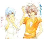  1boy 1girl :d ayanami_rei blue_hair brown_eyes brown_hair cat collarbone contemporary head_tilt looking_at_viewer lrk nagisa_kaworu neon_genesis_evangelion open_mouth red_eyes shirt short_sleeves simple_background smile t-shirt traditional_media translation_request upper_body white_background white_shirt 