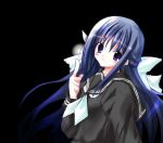  1girl black_background black_serafuku blue_eyes blue_hair blush cutlass cutlass_(classic_chocolate) long_hair long_sleeves neckerchief original ribbon school_uniform serafuku sidelocks simple_background smile solo upper_body very_long_hair 