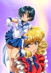  2girls 70s 90s bishoujo_senshi_sailor_moon blonde_hair blue_boots blue_eyes blue_hair blue_skirt boots bow choker crossover elbow_gloves frills gloves hana_no_ko_lunlun kawarajima_kou kodansha leg_lift lunlun magical_girl mizuno_ami multiple_girls oldschool purple_background sailor_mercury short_hair skirt smile super_sailor_mercury tiara touei white_gloves 