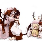  4girls barefoot blonde_hair closed_eyes crystal demon_wings detached_sleeves female flandre_scarlet frills full_body hakurei_reimu hat july13th kirisame_marisa long_sleeves lowres mob_cap multiple_girls remilia_scarlet ribbon-trimmed_sleeves ribbon_trim seiza siblings simple_background sisters sitting soles toes touhou white_background wings witch_hat you_gonna_get_raped 