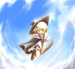  1girl :d apron bangs black_hat black_skirt black_vest blonde_hair blue_sky bow broom broom_riding brown_shoes clouds eyebrows eyebrows_visible_through_hair female flying frilled_apron frills hair_between_eyes hair_bow hat hat_bow holding kirisame_marisa long_hair looking_at_viewer open_mouth outdoors puffy_short_sleeves puffy_sleeves shirt shoes short_sleeves skirt sky smile socks solo sorano_eika touhou vest waist_apron white_apron white_bow white_legwear white_shirt witch_hat yellow_eyes 