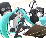  hands_on_headphones hatsune_miku headphones long_hair manami_tatsuya music speaker thigh-highs twintails very_long_hair vocaloid zettai_ryouiki 