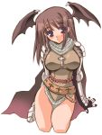  1girl bare_legs bat_wings breasts brown_hair cross cross_necklace demon_girl full_body gauntlets hakoiri_nyanko head_wings kneeling knight knight_(ragnarok_online) large_breasts long_hair long_sleeves looking_at_viewer ragnarok_online simple_background solo succubus taut_clothes violet_eyes white_background wings 