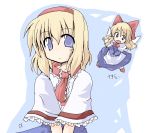  1girl :d alice_margatroid apron blonde_hair blue_dress blue_eyes bow capelet doll dress female flying hair_bow hairband happy_go_lucky looking_at_viewer looking_back necktie open_mouth red_bow red_necktie shanghai_doll short_hair smile solo touhou waist_apron 