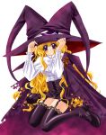  00s 1girl blonde_hair blush carnelian garter_straps hat lilith_(yamibou) long_hair looking_at_viewer pencil_skirt simple_background skirt solo thigh-highs violet_eyes white_background witch_hat yami_to_boushi_to_hon_no_tabibito zettai_ryouiki 