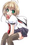  1girl 90s bangs brown_hair card_captor_sakura child food food_in_mouth green_eyes kinomoto_sakura looking_at_viewer mouth_hold school_uniform serafuku short_hair simple_background thigh-highs toast toast_in_mouth white_background zettai_ryouiki 