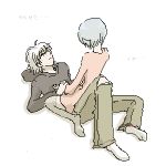  ayanami_rei back blue_hair dress hood hoodie lowres lrk nagisa_kaworu neon_genesis_evangelion oekaki short_hair sitting sitting_on_lap sitting_on_person translated translation_request 