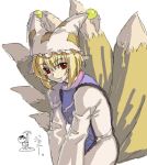  1girl blonde_hair female fox_tail hat long_sleeves lowres multiple_tails pillow_hat red_eyes short_hair sketch solo tabard tail touhou white_background yakumo_ran 