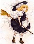  1girl apron bangs black_hat black_skirt black_vest blonde_hair boots bow broom brown_boots buttons closed_mouth eyebrows eyebrows_visible_through_hair female frilled_apron frills frown hat hat_bow hat_removed headwear_removed holding_broom kirisame_marisa kneehighs legs_apart long_hair puffy_short_sleeves puffy_sleeves shirt short_sleeves sketch skirt solo standing touhou waist_apron white_apron white_bow white_legwear white_shirt wind witch_hat yellow_eyes yueshiro_kou 