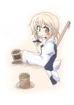  1girl apron bangs blonde_hair blush bow braid broom brown_eyes brown_hair cat_print closed_mouth cup drink eyebrows eyebrows_visible_through_hair female from_side hair_bow happy_go_lucky highres kirisame_marisa long_sleeves looking_at_viewer mug no_hat no_headwear saucer shirt single_braid sitting smile solo table touhou turtleneck vest waist_apron white_shirt wide_sleeves 