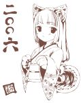  1girl animal_ears brown cat_ears japanese_clothes kimono monochrome murakumo_takeru oekaki original solo translated 