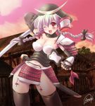  1girl ;d arm_up armor black_legwear braid breasts cleavage fan fang helmet japanese_armor kabuto kusazuri maki_(seventh_heaven_maxion) one_eye_closed open_mouth original samurai smile sode solo sword thigh-highs twin_braids weapon wink 