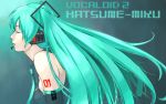  1girl aqua_hair character_name closed_eyes collared_shirt copyright_name detached_sleeves from_side gradient gradient_background green_hair grey_shirt hair_ornament hatsune_miku headphones long_hair microphone music necktie number profile shirt singing solo tanaka_hirotaka tattoo twintails vocaloid wallpaper 