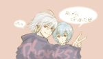  1boy 1girl ayanami_rei blue_hair brown_eyes loo looking_at_viewer lowres lrk nagisa_kaworu neon_genesis_evangelion pink_background red_eyes short_hair silver_hair simple_background thank_you translated translation_request v 