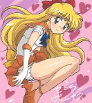  1girl 4040_(abonriya) 4040_(artist) 90s aino_minako aliasing bishoujo_senshi_sailor_moon blonde_hair blue_eyes blush bow character_name choker elbow_gloves gloves hair_bow half_updo heart heart_background high_heels long_hair looking_at_viewer lowres magical_girl miniskirt oekaki orange_skirt panties pantyshot pink_background pleated_skirt red_bow sailor_collar sailor_venus shoes simple_background skirt smile solo tiara translated underwear upskirt white_gloves white_panties wind wind_lift 