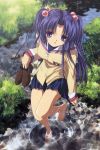  1girl absurdres barefoot blue_hair clannad feet grass hair_bobbles hair_ornament highres holding holding_shoes ichinose_kotomi ikeda_kazumi loafers long_hair official_art school_uniform shoes soaking_feet solo two_side_up water 