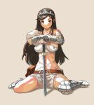  1girl aisha_(ash) archaic_sealed_heat ash_(game) brown_eyes brown_hair crown gauntlets greaves hands_on_hilt hat imo_works long_hair sitting solo sword wariza weapon 