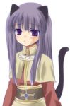  1girl acolyte animal_ears capelet cat_ears cat_tail closed_mouth expressionless eyebrows eyebrows_visible_through_hair lavender_hair long_sleeves ragnarok_online sash simple_background solo tail upper_body violet_eyes white_background yukian 